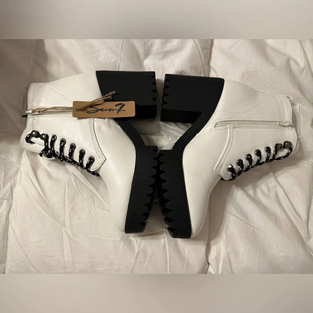 Seven7 White and Black Lug Heel Ankle Boots